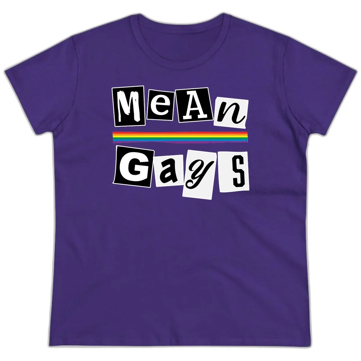 Mean Gays pride design with ransom note style lettering and rainbow stripe celebrating LGBTQ+ pride in Purple