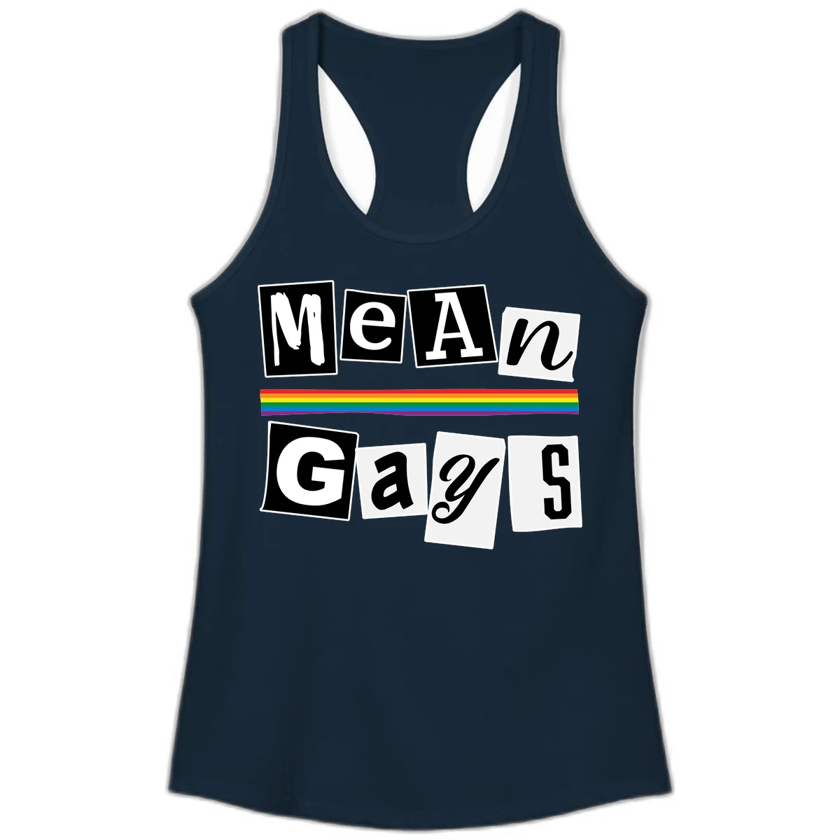 Mean Gays pride design with ransom note style lettering and rainbow stripe celebrating LGBTQ+ pride in Solid Midnight Navy