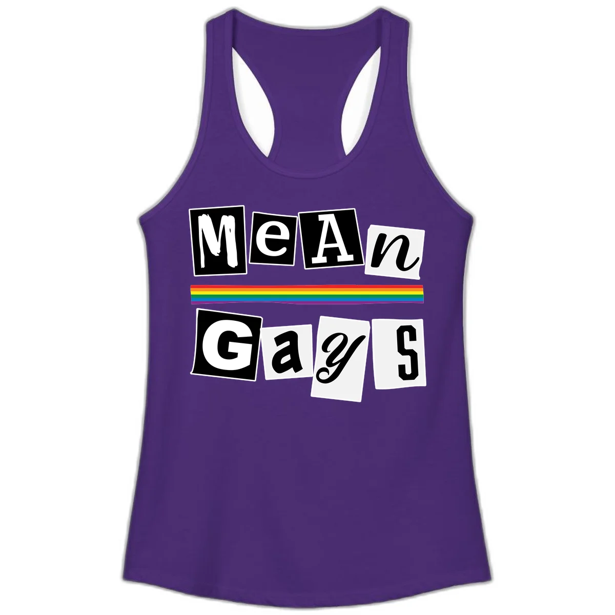 Mean Gays pride design with ransom note style lettering and rainbow stripe celebrating LGBTQ+ pride in Solid Purple Rush