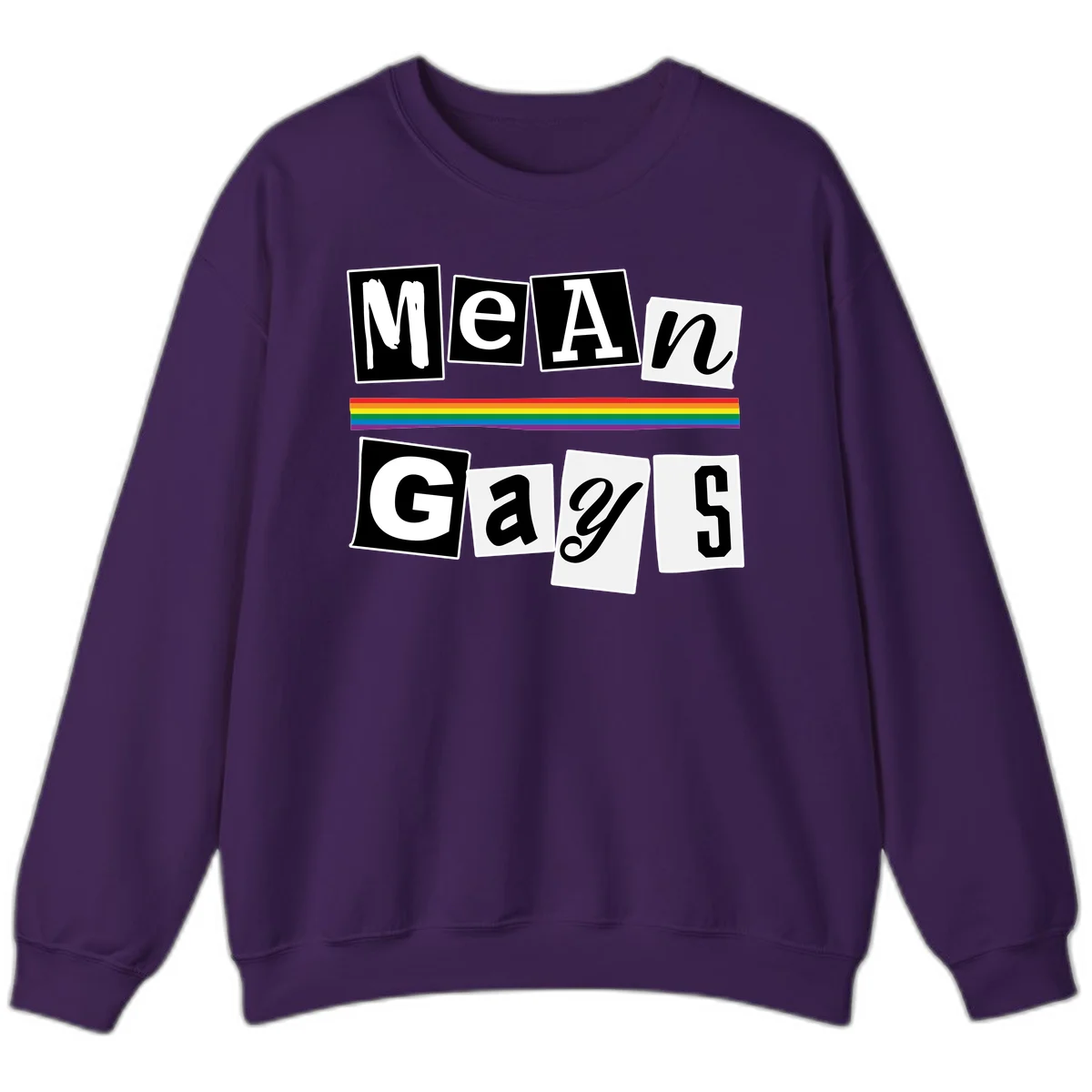 Mean Gays pride design with ransom note style lettering and rainbow stripe celebrating LGBTQ+ pride in Purple