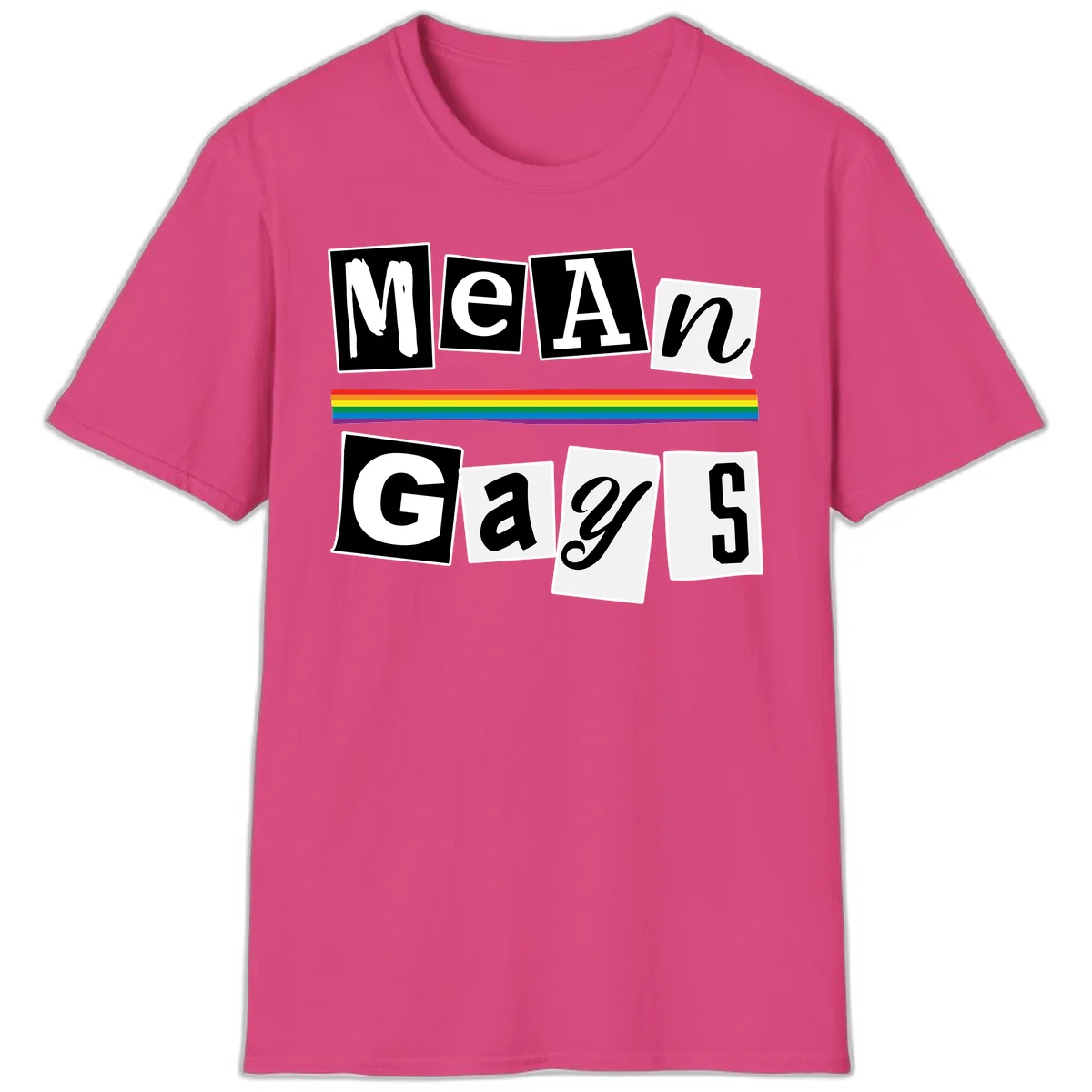 Mean Gays pride design with ransom note style lettering and rainbow stripe celebrating LGBTQ+ pride in Heliconia