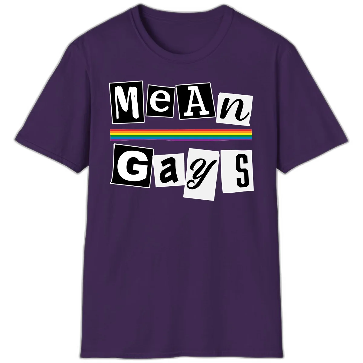 Mean Gays pride design with ransom note style lettering and rainbow stripe celebrating LGBTQ+ pride in Purple
