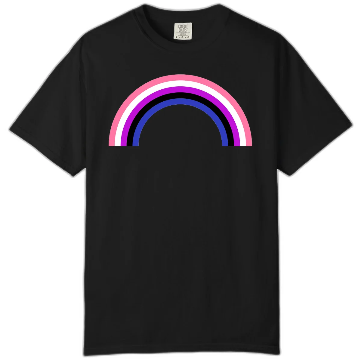 Pride rainbow arc with five concentric stripes in pink, white, purple, black, and blue colors on gray background in Black