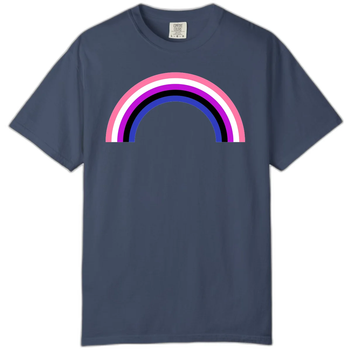 Pride rainbow arc with five concentric stripes in pink, white, purple, black, and blue colors on gray background in Midnight