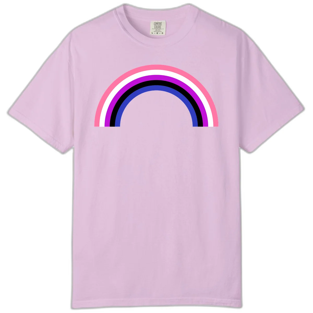 Pride rainbow arc with five concentric stripes in pink, white, purple, black, and blue colors on gray background in Orchid