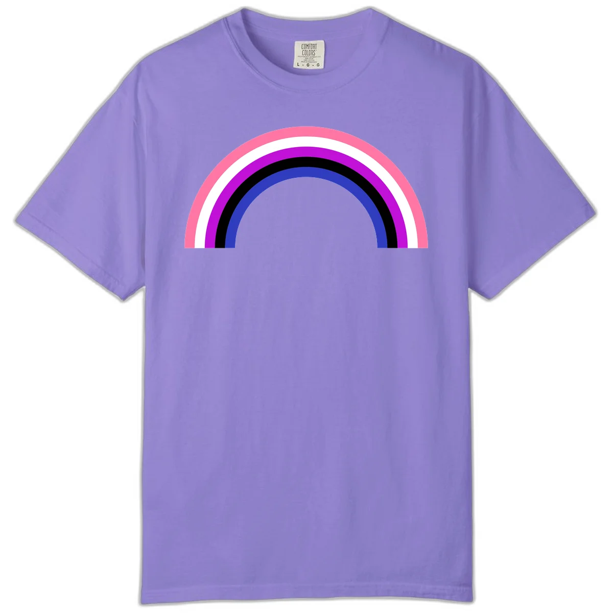 Pride rainbow arc with five concentric stripes in pink, white, purple, black, and blue colors on gray background in Violet