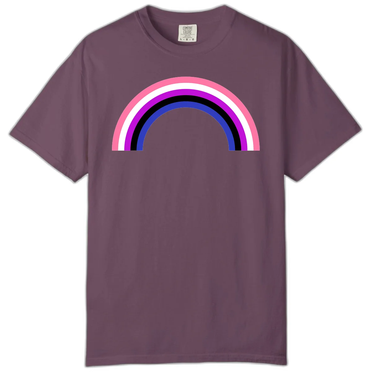 Pride rainbow arc with five concentric stripes in pink, white, purple, black, and blue colors on gray background in Berry