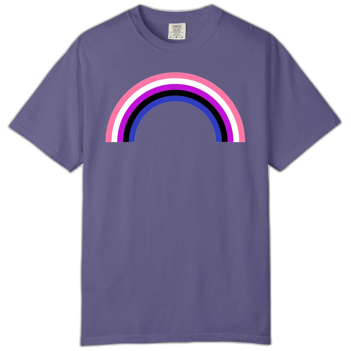 Pride rainbow arc with five concentric stripes in pink, white, purple, black, and blue colors on gray background in Grape