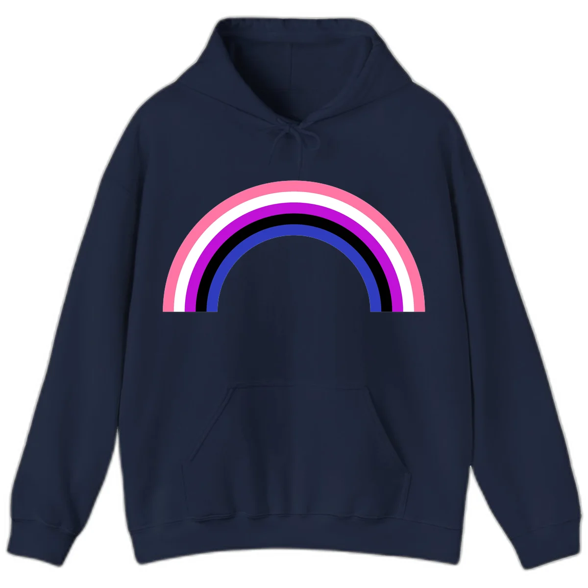 Pride rainbow arc with five concentric stripes in pink, white, purple, black, and blue colors on gray background in Navy