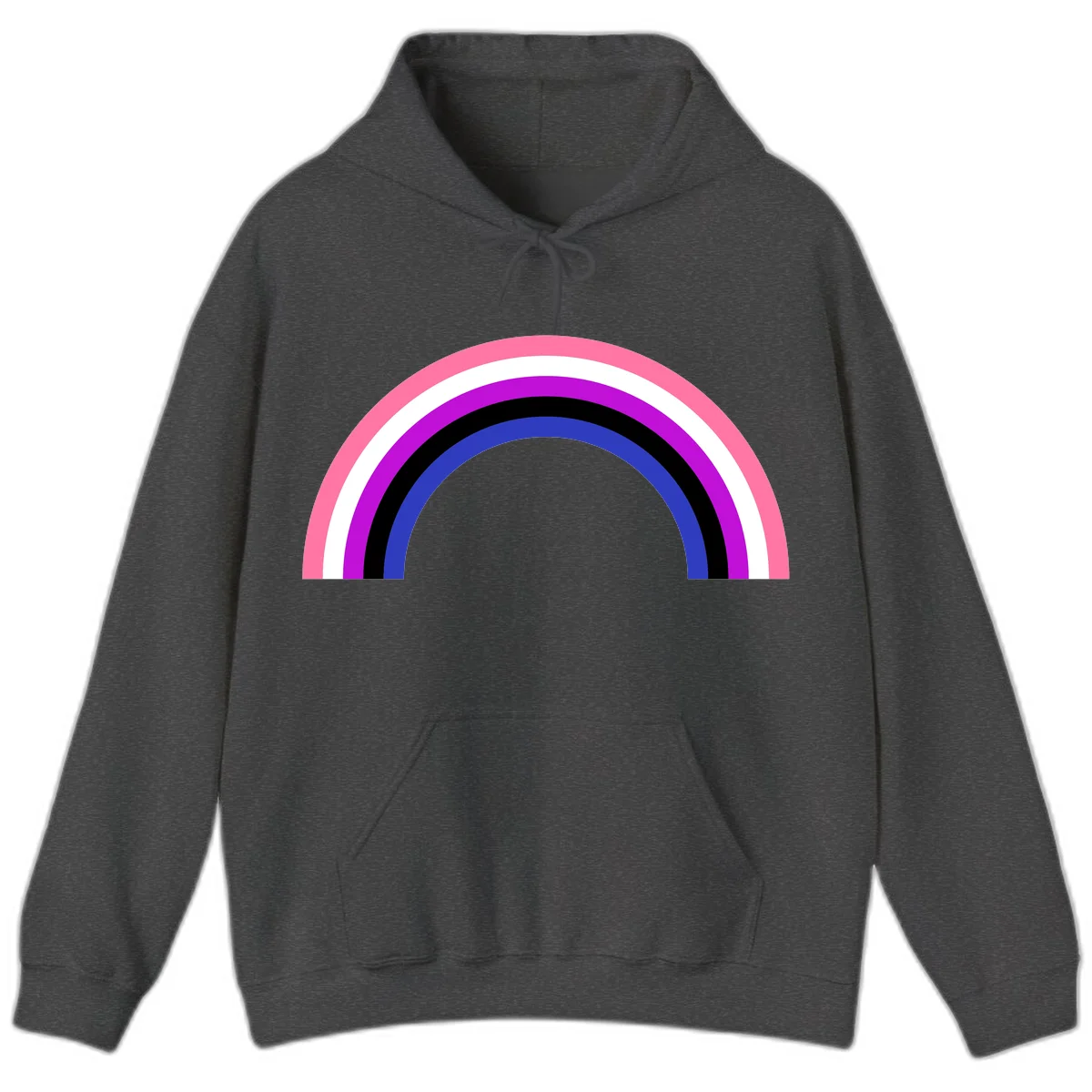 Pride rainbow arc with five concentric stripes in pink, white, purple, black, and blue colors on gray background in Dark Heather