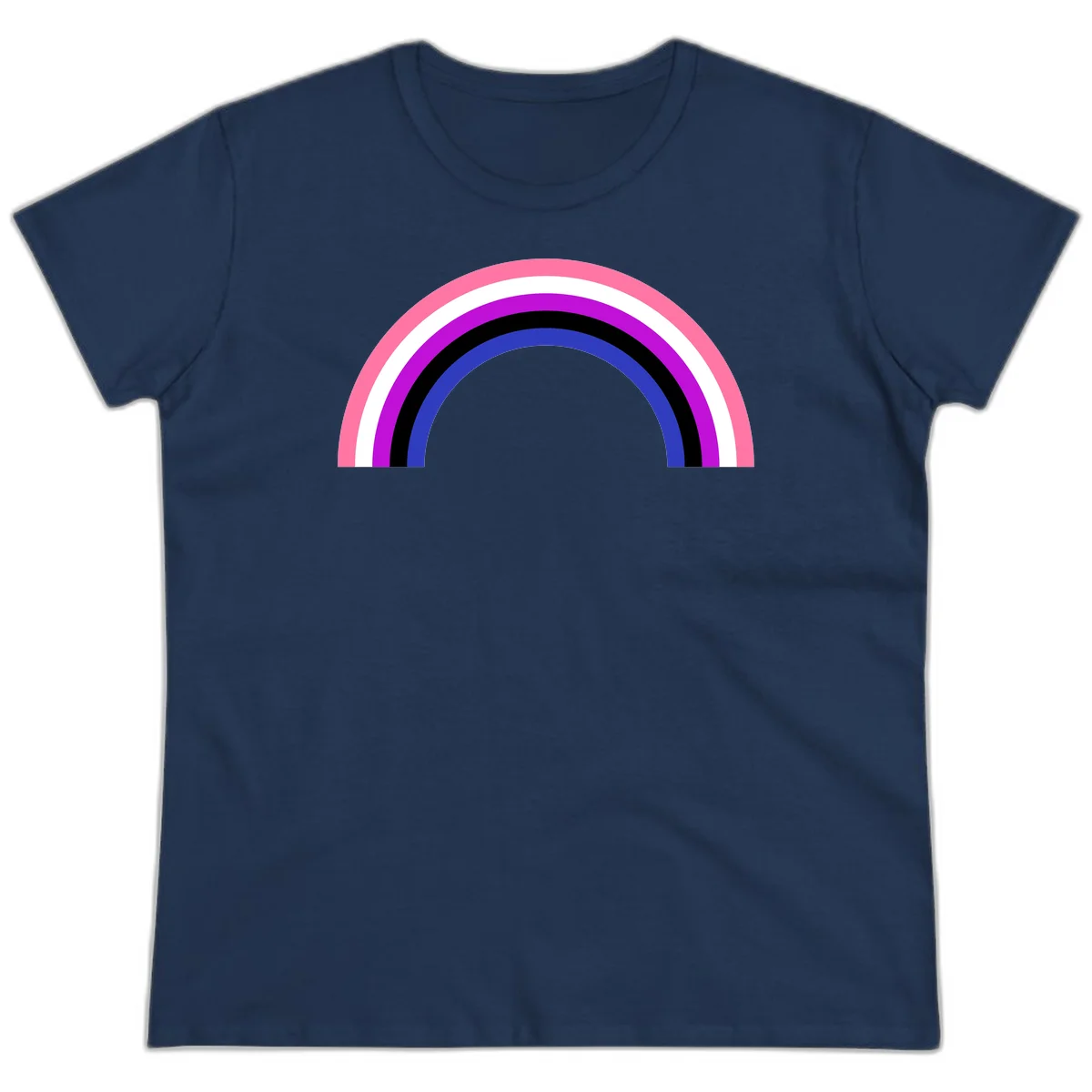 Pride rainbow arc with five concentric stripes in pink, white, purple, black, and blue colors on gray background in Navy