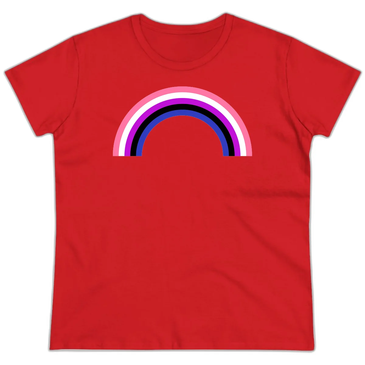Pride rainbow arc with five concentric stripes in pink, white, purple, black, and blue colors on gray background in Red