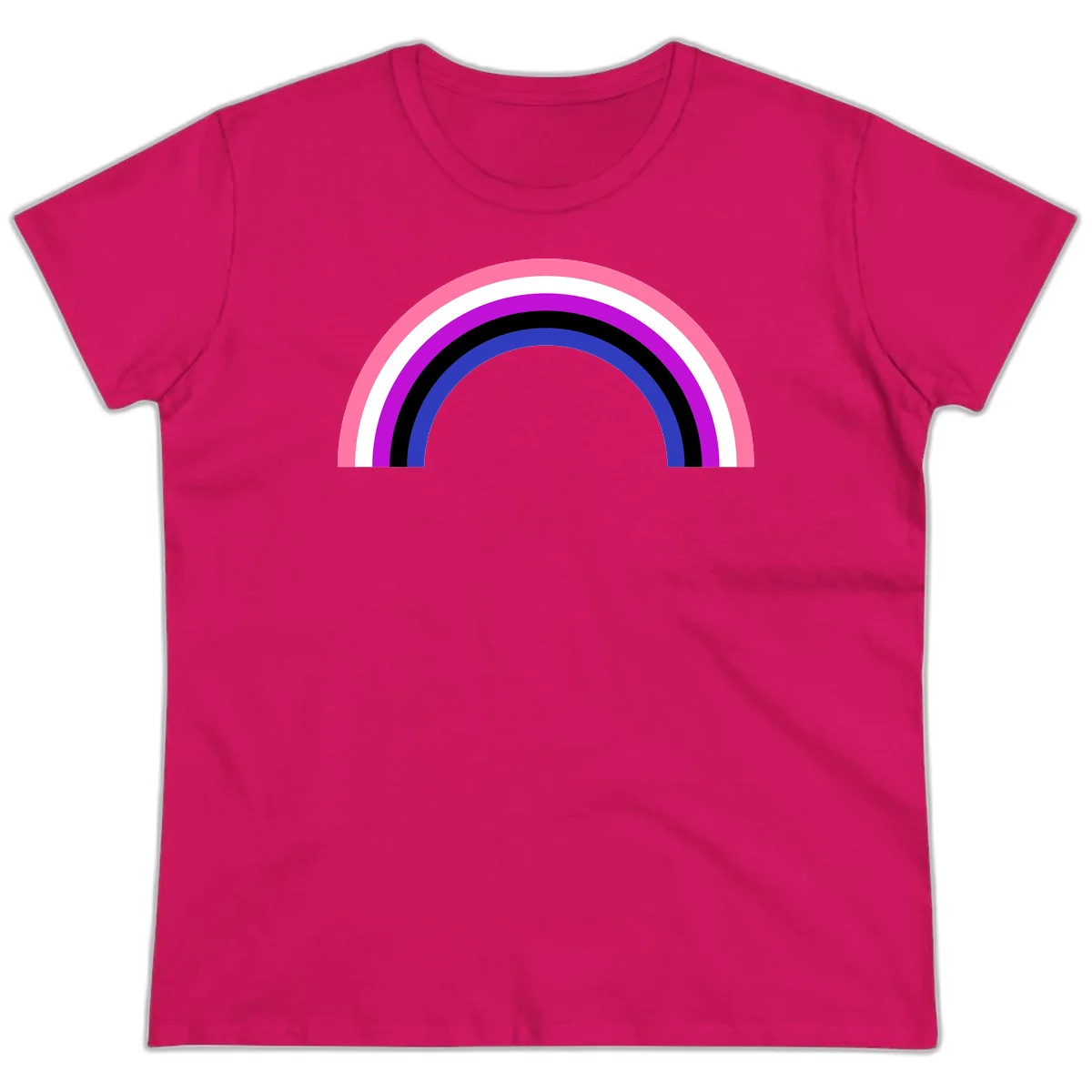 Pride rainbow arc with five concentric stripes in pink, white, purple, black, and blue colors on gray background in Heliconia