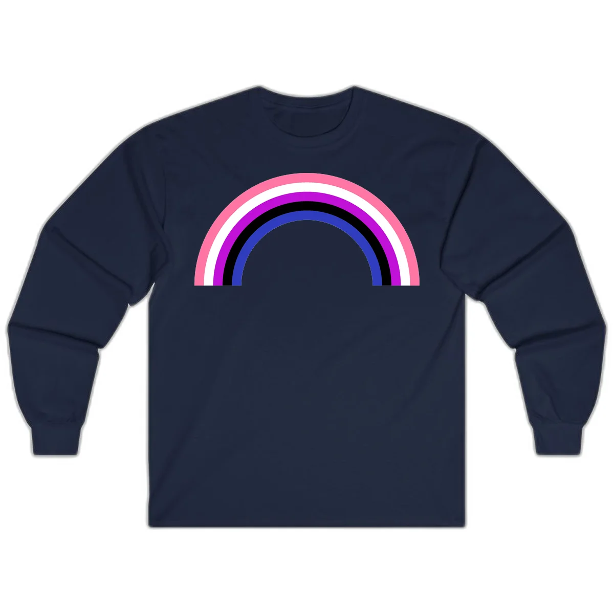 Pride rainbow arc with five concentric stripes in pink, white, purple, black, and blue colors on gray background in Navy