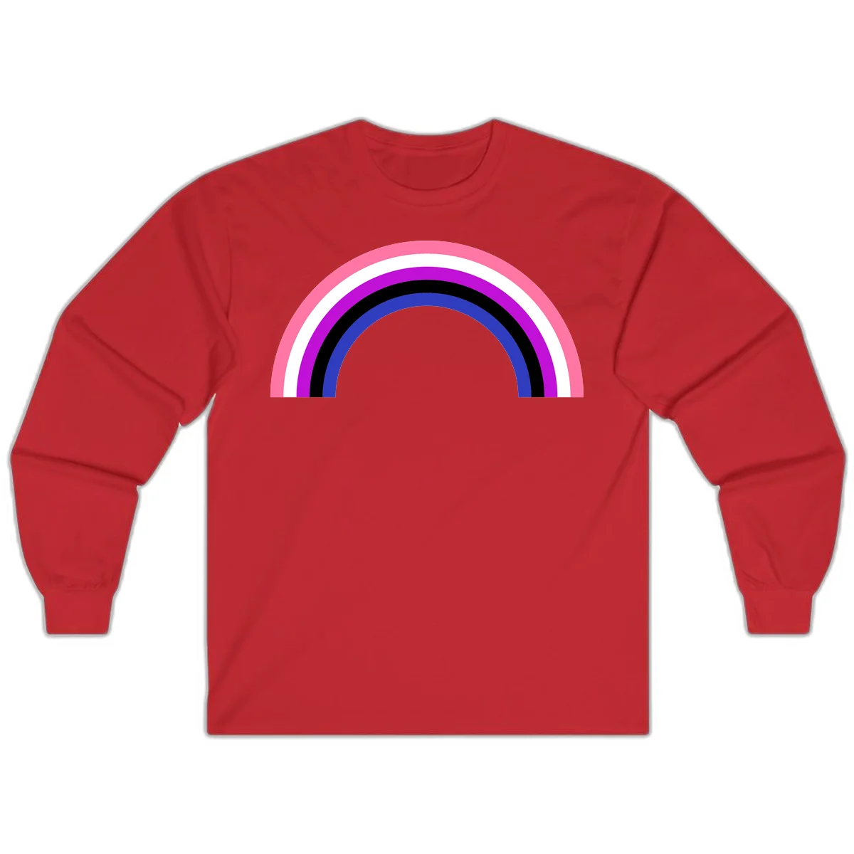Pride rainbow arc with five concentric stripes in pink, white, purple, black, and blue colors on gray background in Red