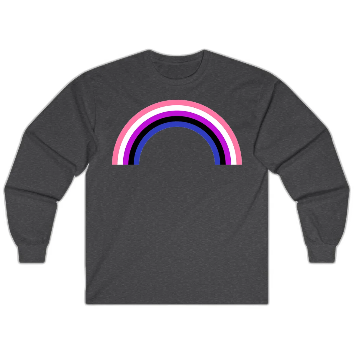 Pride rainbow arc with five concentric stripes in pink, white, purple, black, and blue colors on gray background in Dark Heather