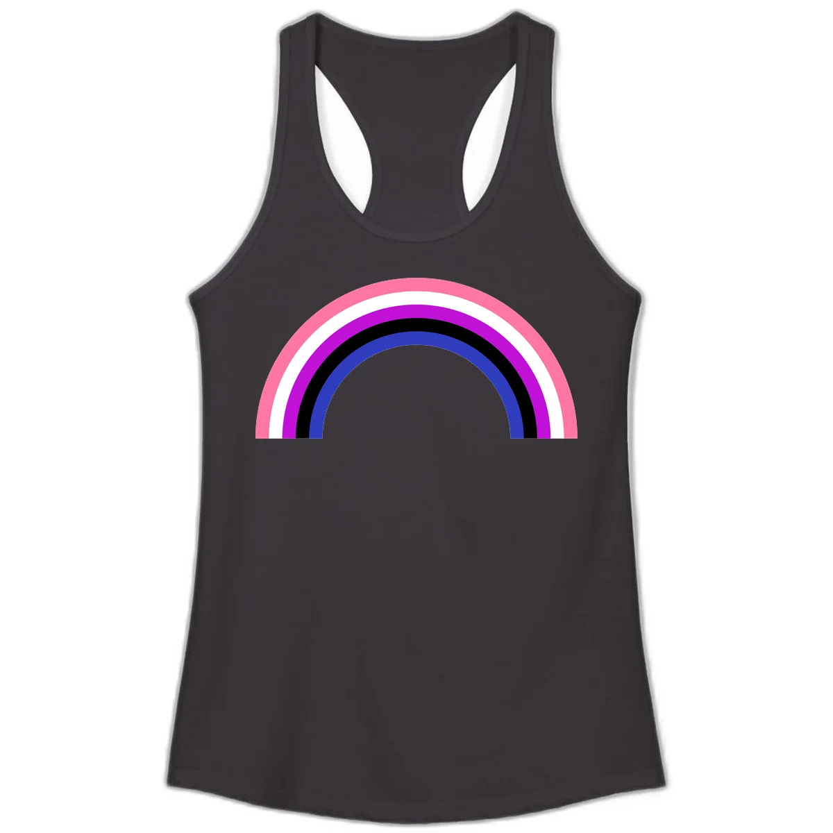 Pride rainbow arc with five concentric stripes in pink, white, purple, black, and blue colors on gray background in Black