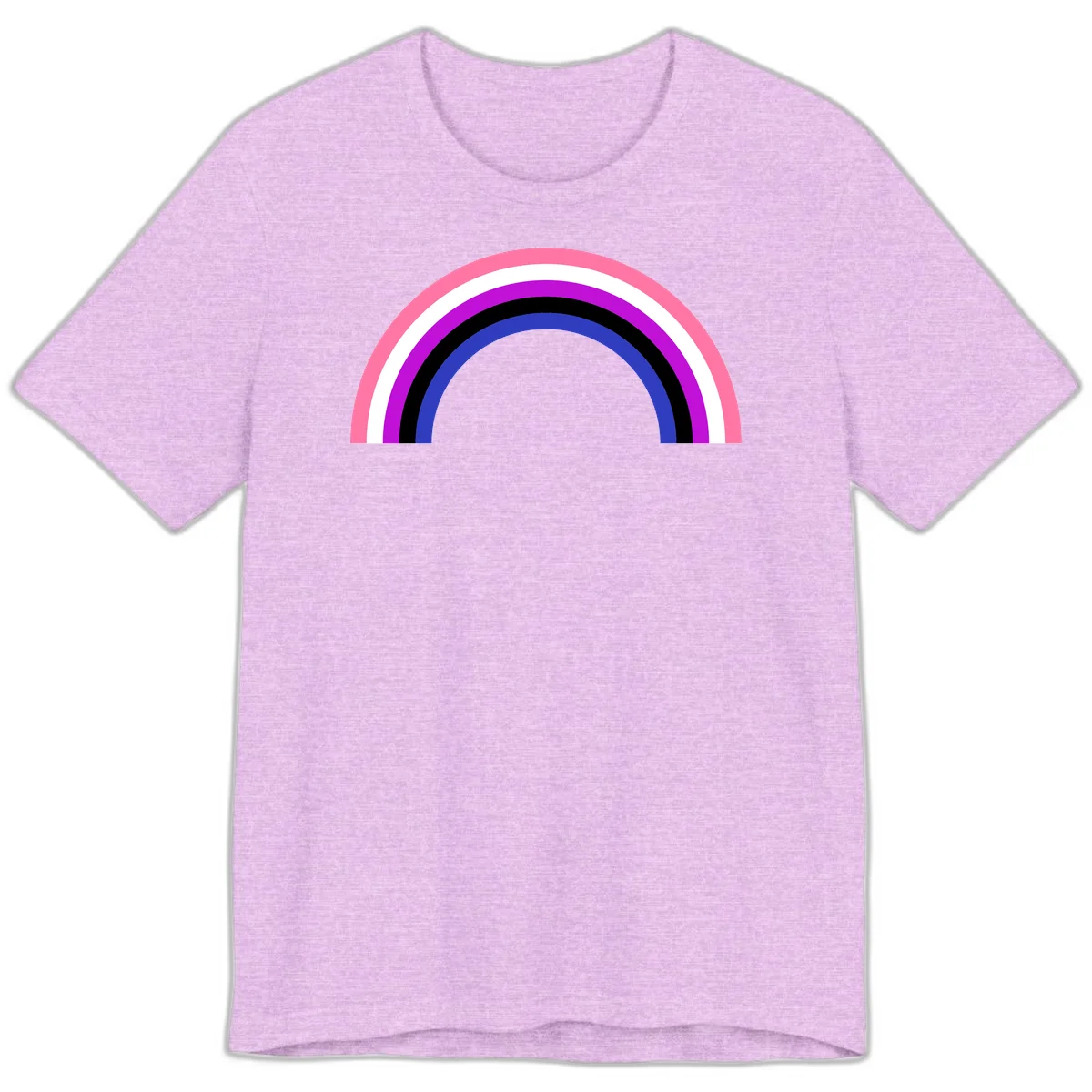 Pride rainbow arc with five concentric stripes in pink, white, purple, black, and blue colors on gray background in Heather Prism Lilac
