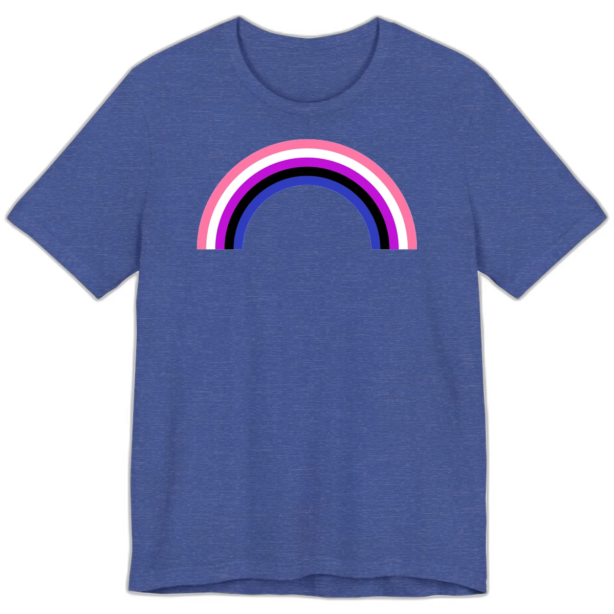 Pride rainbow arc with five concentric stripes in pink, white, purple, black, and blue colors on gray background in Heather True Royal