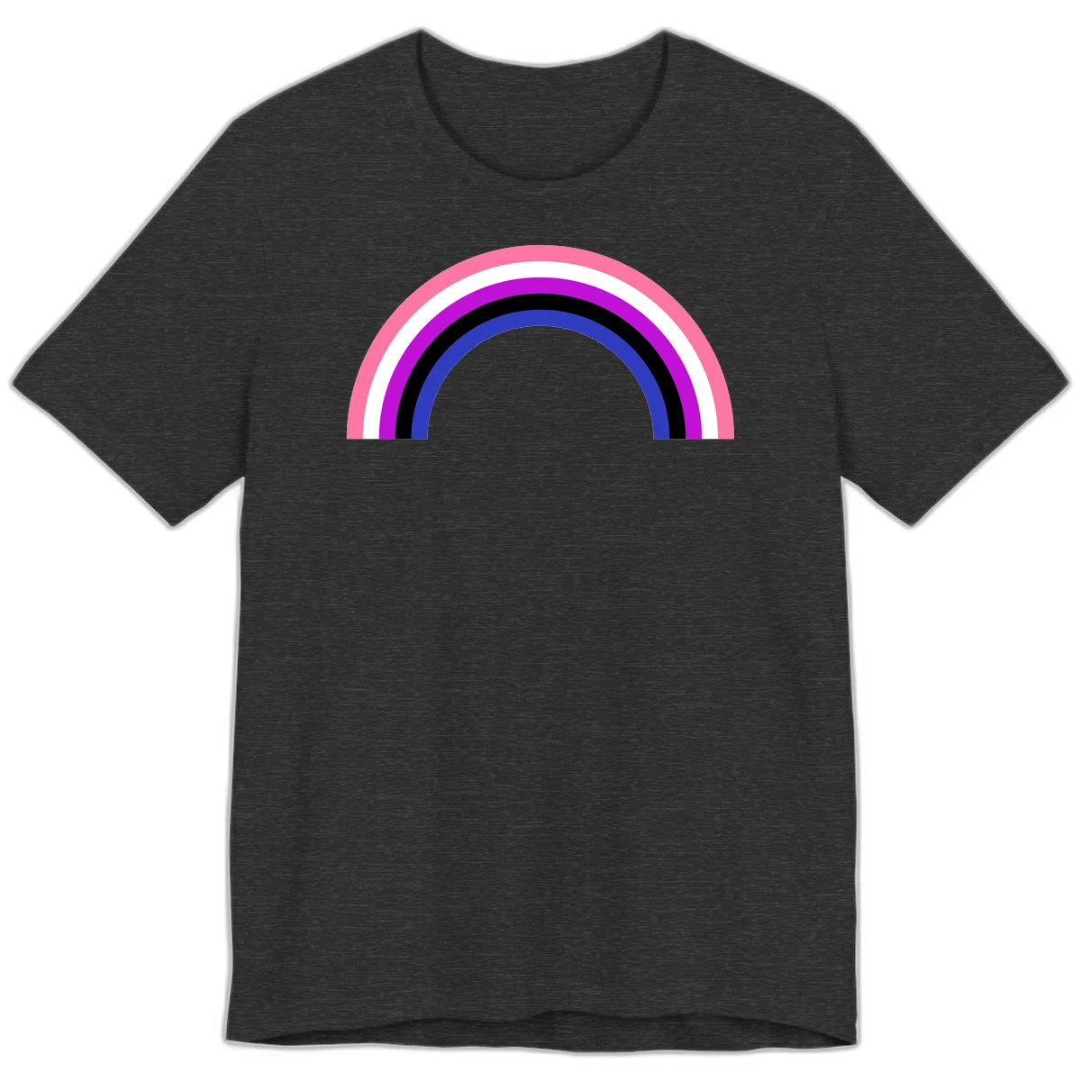 Pride rainbow arc with five concentric stripes in pink, white, purple, black, and blue colors on gray background in Dark Grey Heather