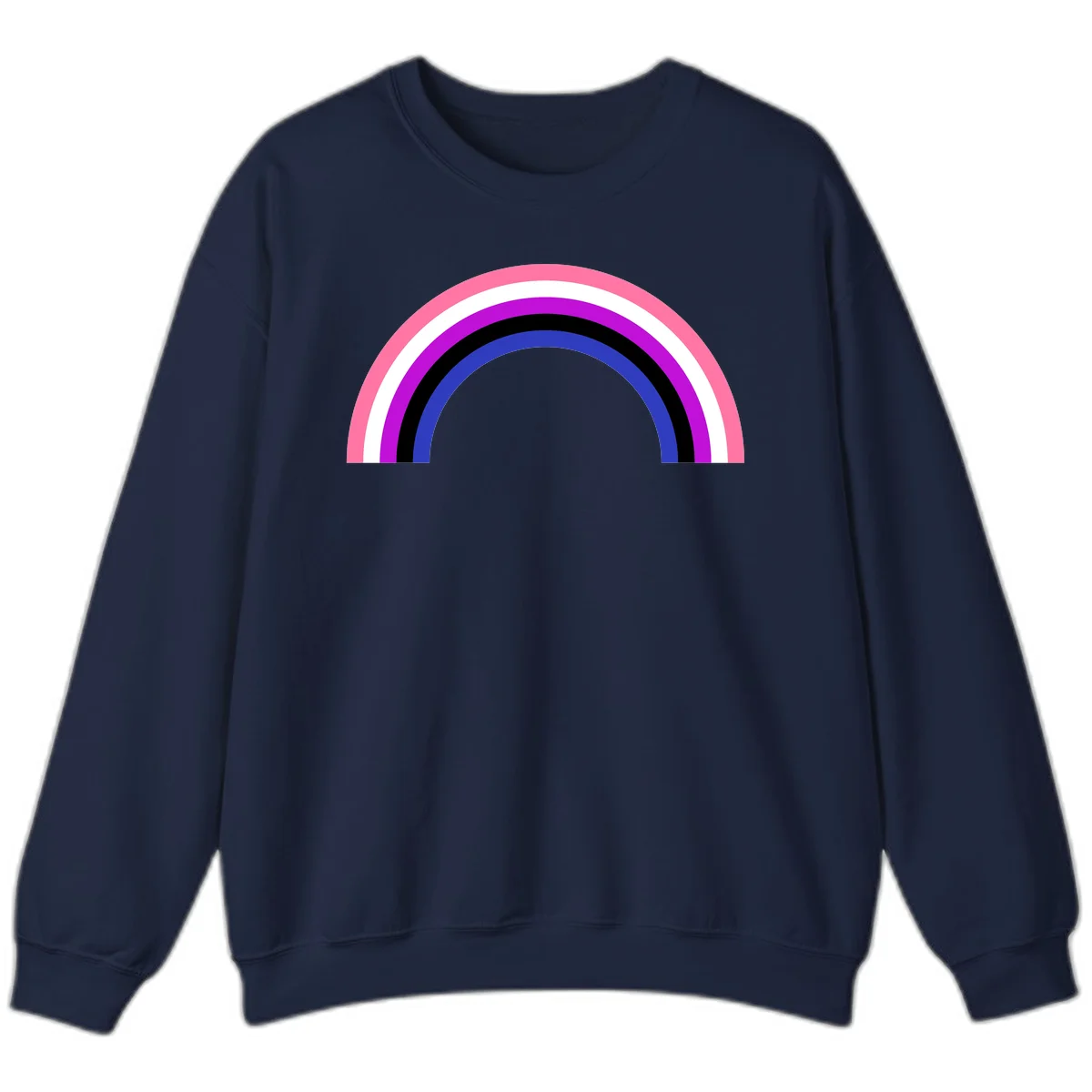 Pride rainbow arc with five concentric stripes in pink, white, purple, black, and blue colors on gray background in Navy