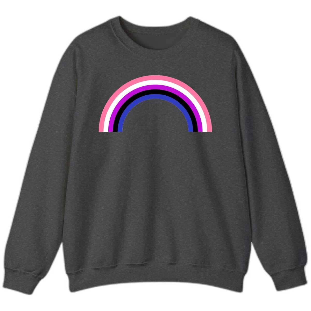 Pride rainbow arc with five concentric stripes in pink, white, purple, black, and blue colors on gray background in Dark Heather