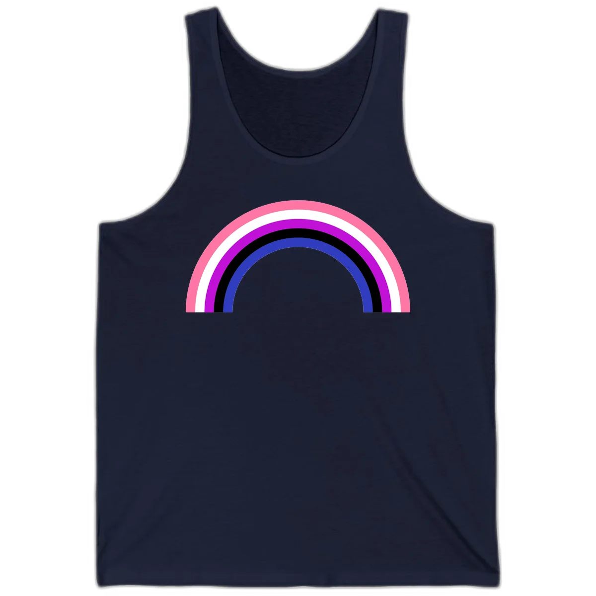 Pride rainbow arc with five concentric stripes in pink, white, purple, black, and blue colors on gray background in Navy