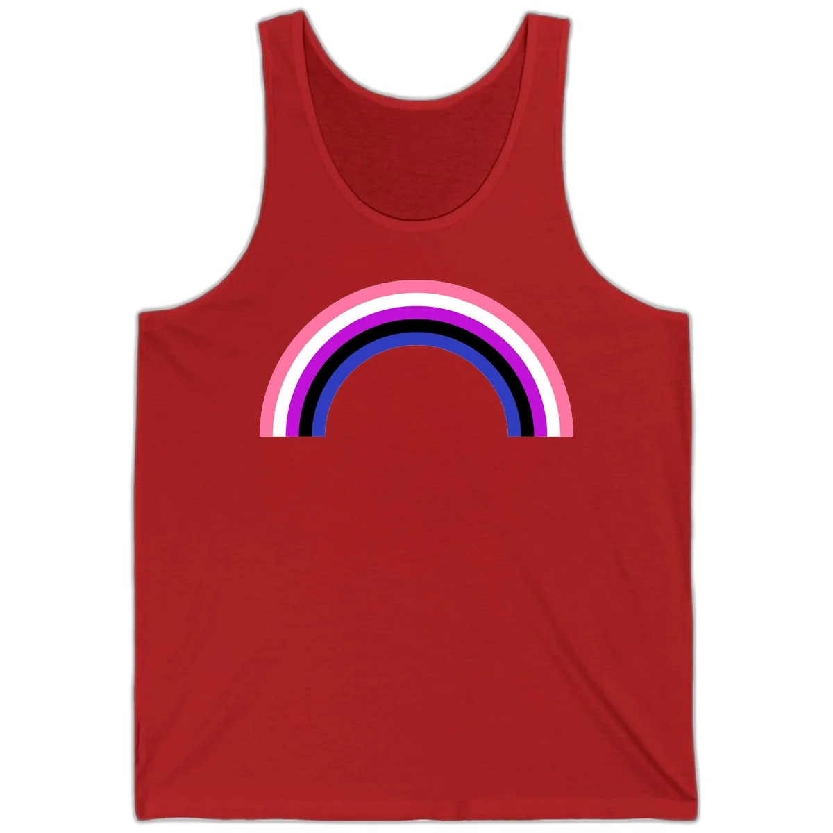 Pride rainbow arc with five concentric stripes in pink, white, purple, black, and blue colors on gray background in Red