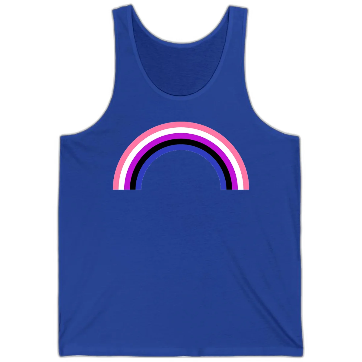 Pride rainbow arc with five concentric stripes in pink, white, purple, black, and blue colors on gray background in True Royal