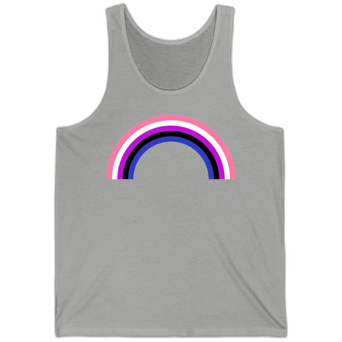Pride rainbow arc with five concentric stripes in pink, white, purple, black, and blue colors on gray background in Athletic Heather