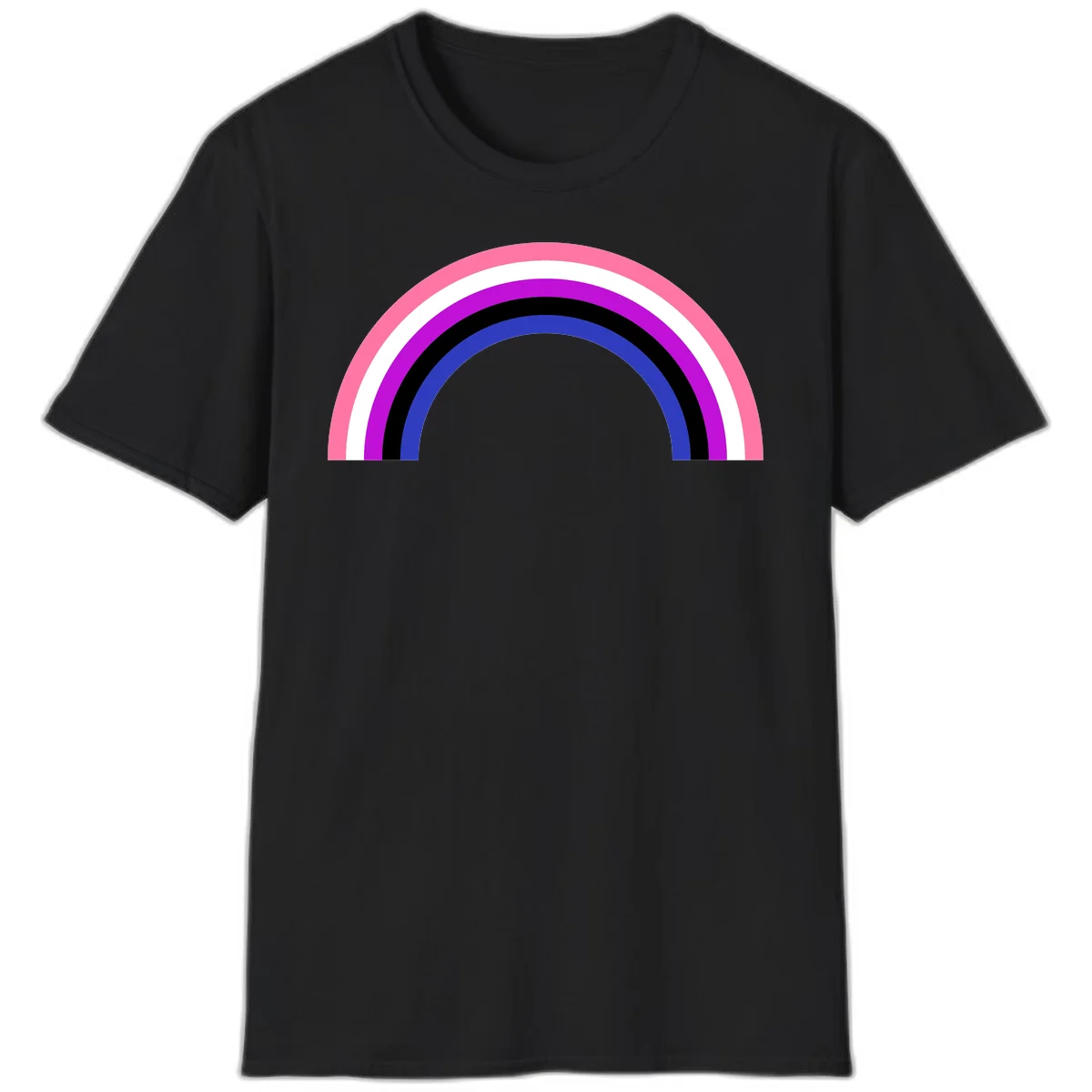Pride rainbow arc with five concentric stripes in pink, white, purple, black, and blue colors on gray background in Black