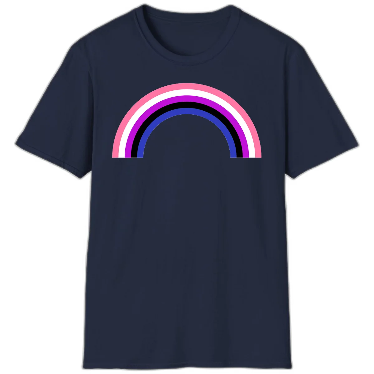 Pride rainbow arc with five concentric stripes in pink, white, purple, black, and blue colors on gray background in Navy