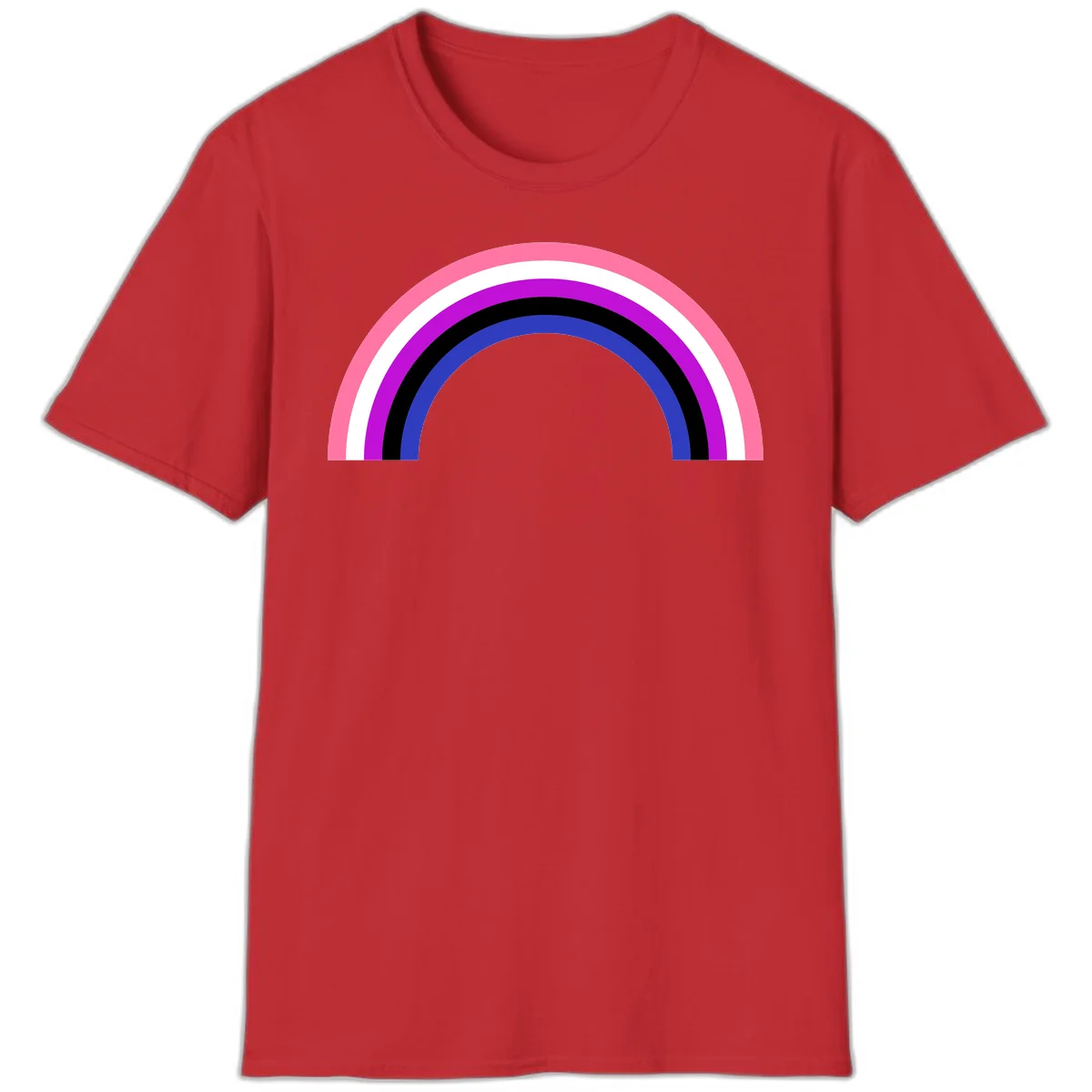 Pride rainbow arc with five concentric stripes in pink, white, purple, black, and blue colors on gray background in Red