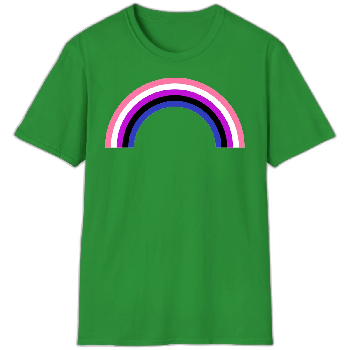 Pride rainbow arc with five concentric stripes in pink, white, purple, black, and blue colors on gray background in Irish Green