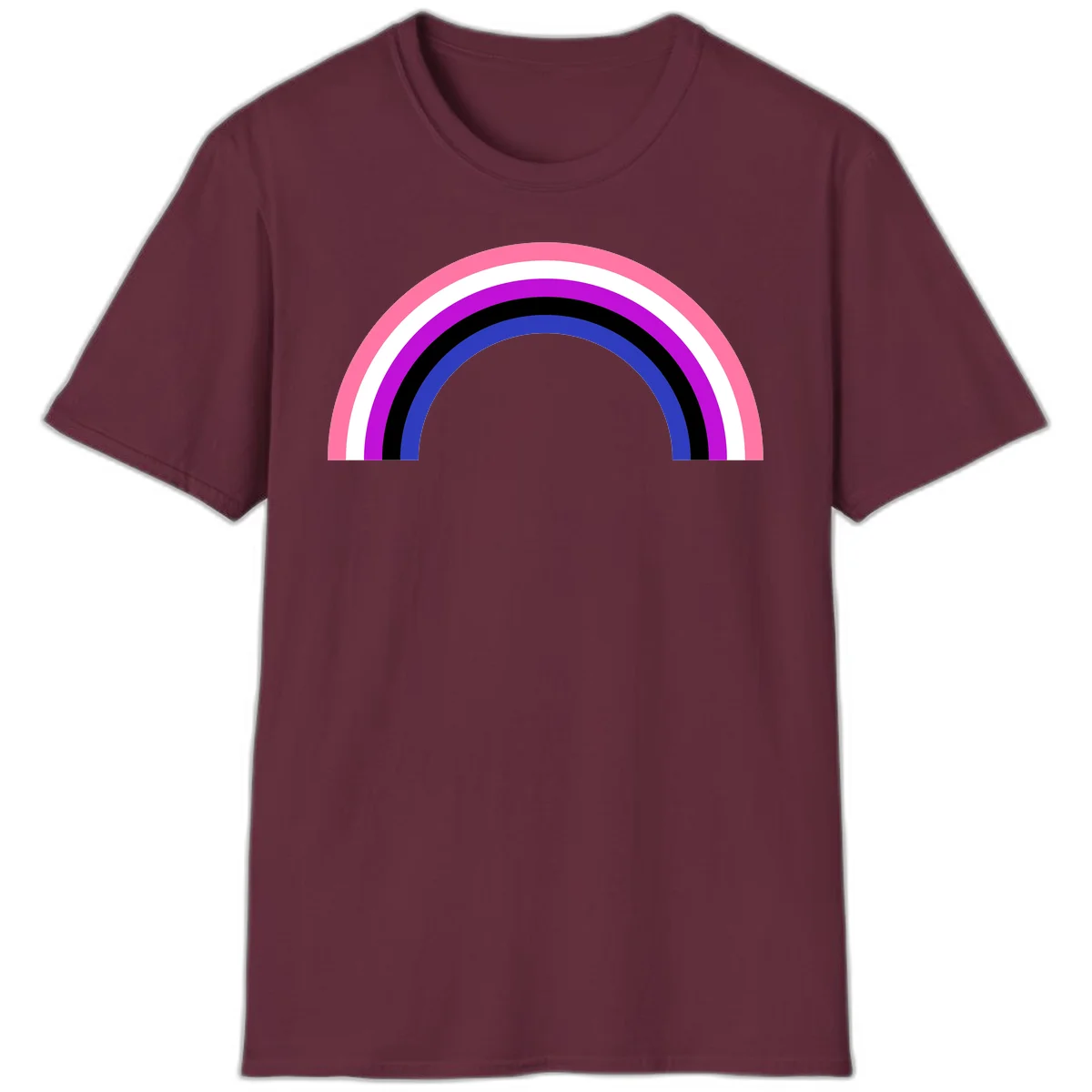 Pride rainbow arc with five concentric stripes in pink, white, purple, black, and blue colors on gray background in Maroon