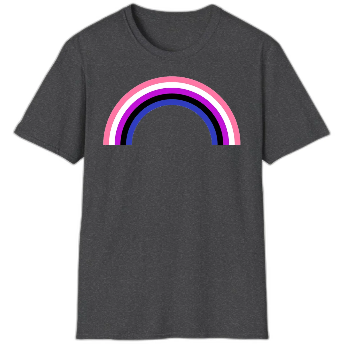 Pride rainbow arc with five concentric stripes in pink, white, purple, black, and blue colors on gray background in Dark Heather