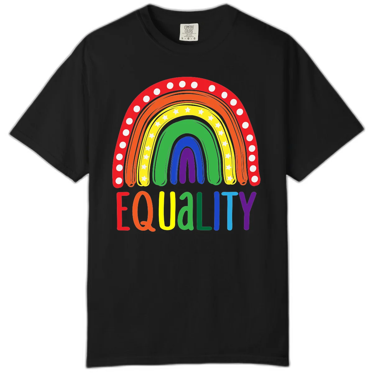 Concentric rainbow arcs in pride colors with white polka dots and stars, featuring 'EQUALITY' text in multicolored letters below in Black