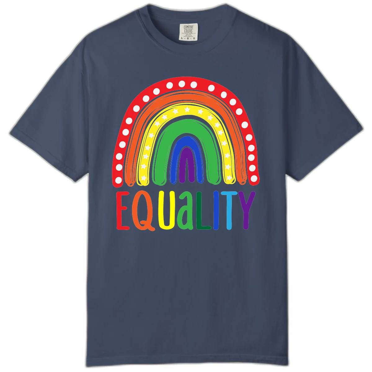 Concentric rainbow arcs in pride colors with white polka dots and stars, featuring 'EQUALITY' text in multicolored letters below in Midnight