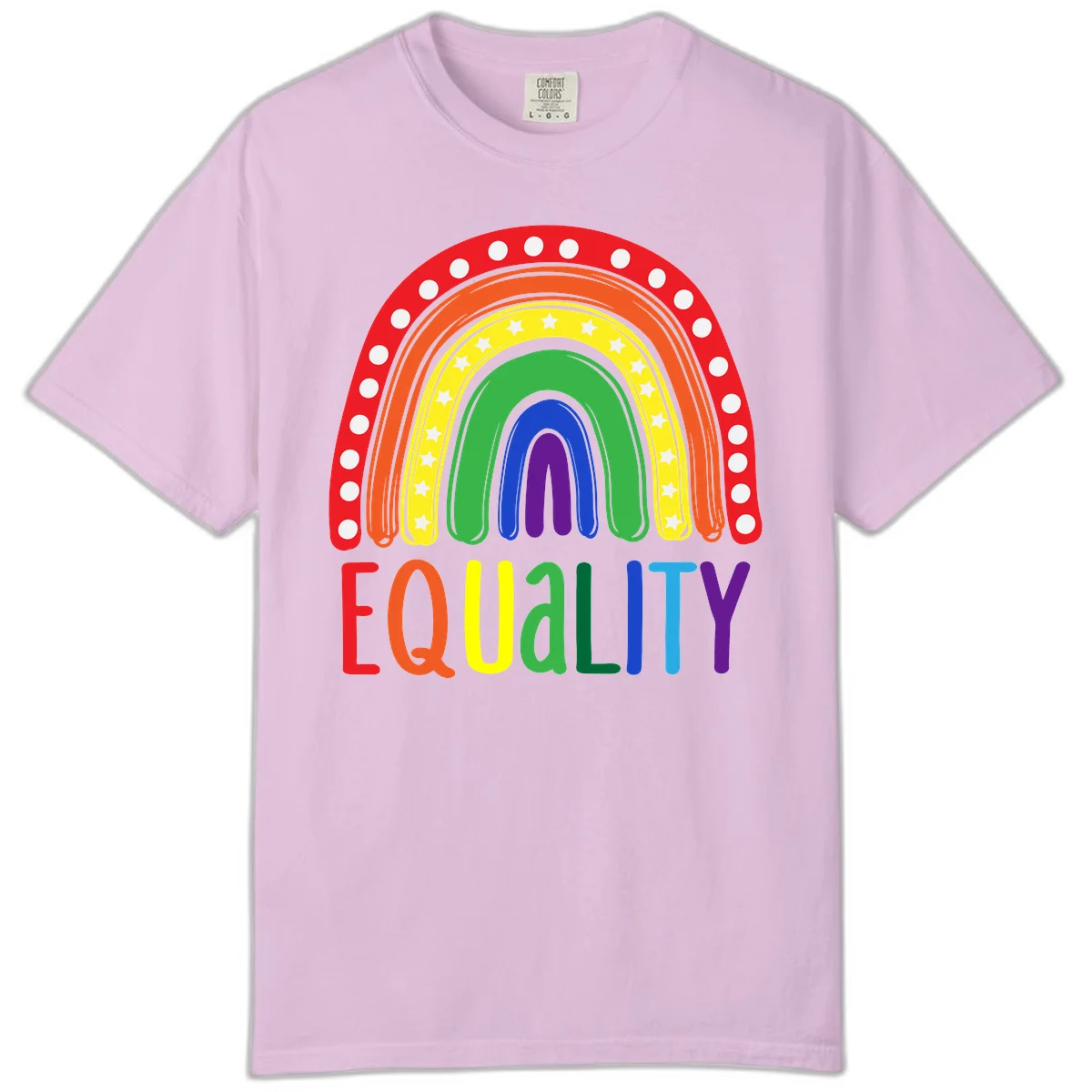 Concentric rainbow arcs in pride colors with white polka dots and stars, featuring 'EQUALITY' text in multicolored letters below in Orchid