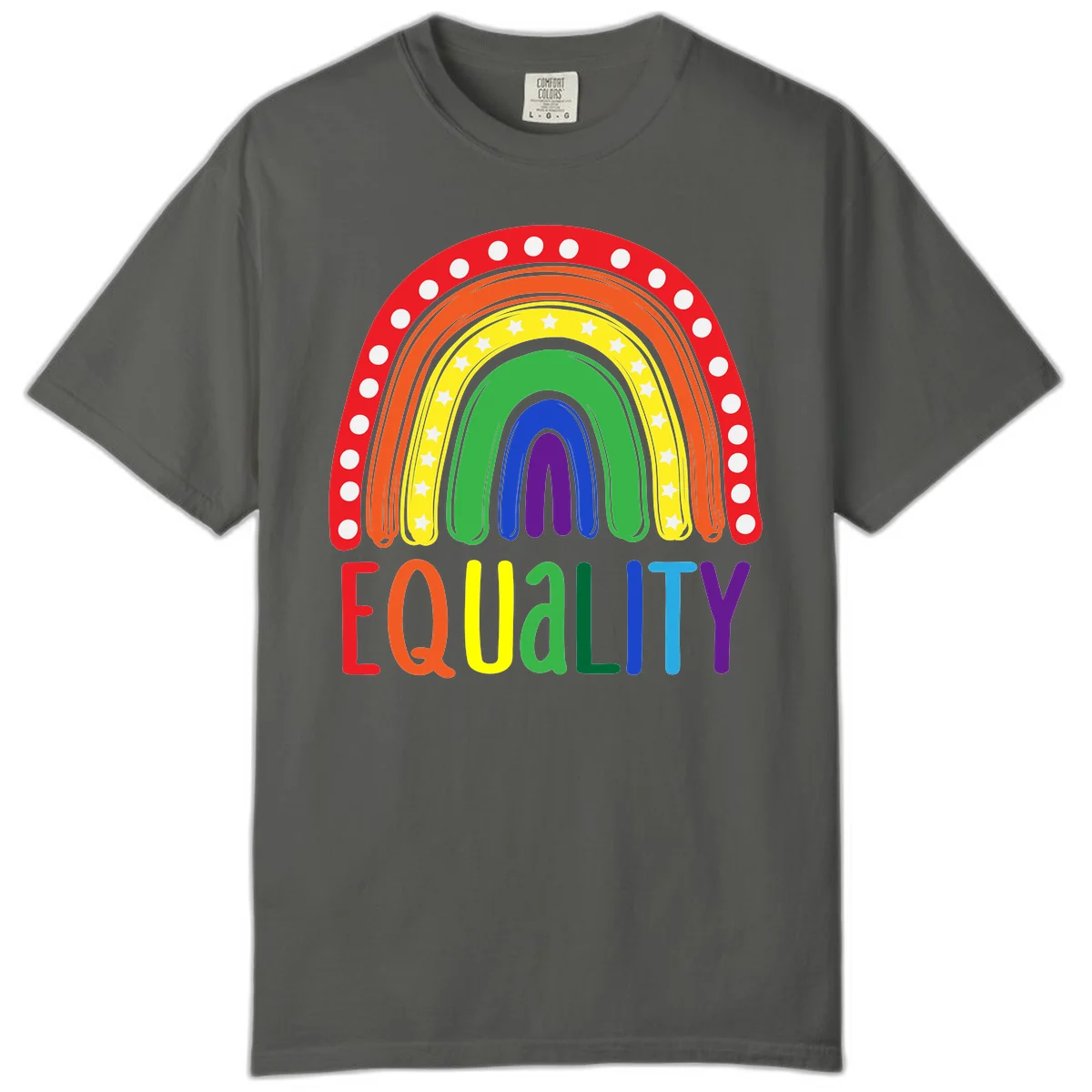 Concentric rainbow arcs in pride colors with white polka dots and stars, featuring 'EQUALITY' text in multicolored letters below in Pepper