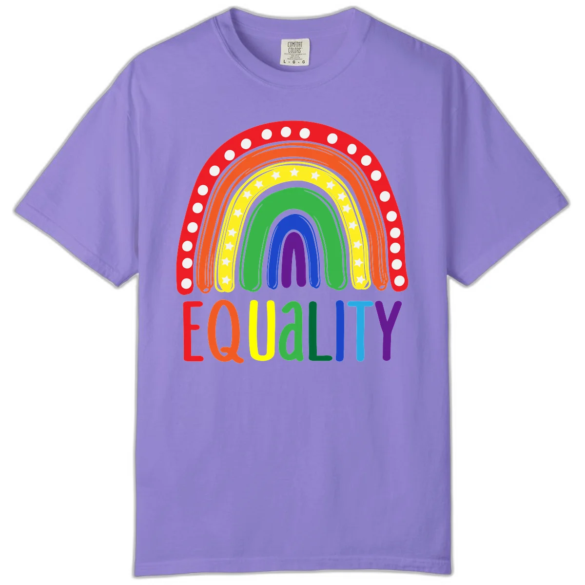 Concentric rainbow arcs in pride colors with white polka dots and stars, featuring 'EQUALITY' text in multicolored letters below in Violet