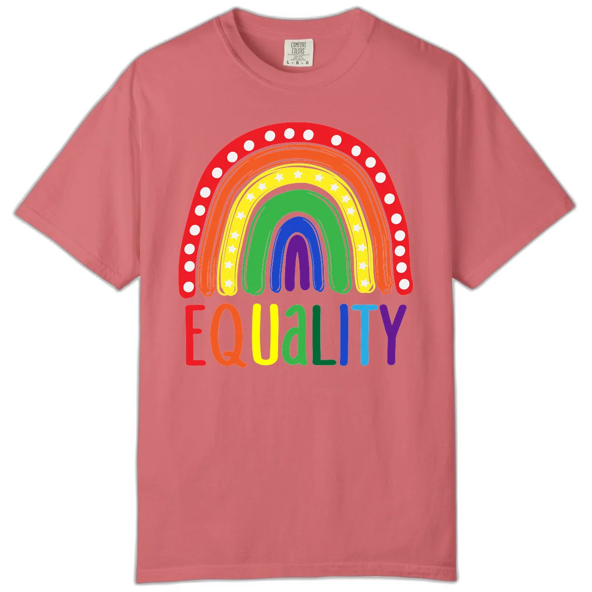 Concentric rainbow arcs in pride colors with white polka dots and stars, featuring 'EQUALITY' text in multicolored letters below in Watermelon