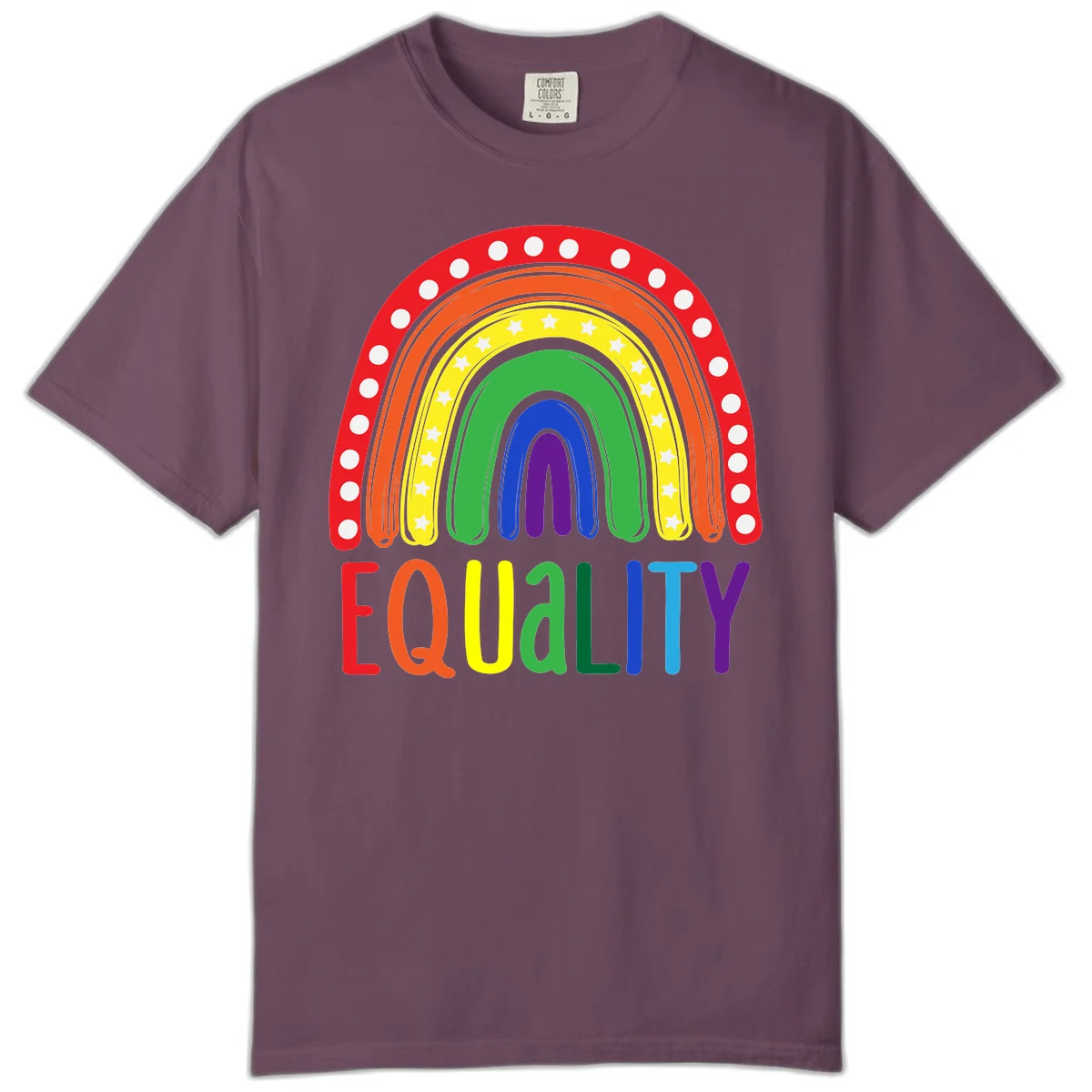 Concentric rainbow arcs in pride colors with white polka dots and stars, featuring 'EQUALITY' text in multicolored letters below in Berry