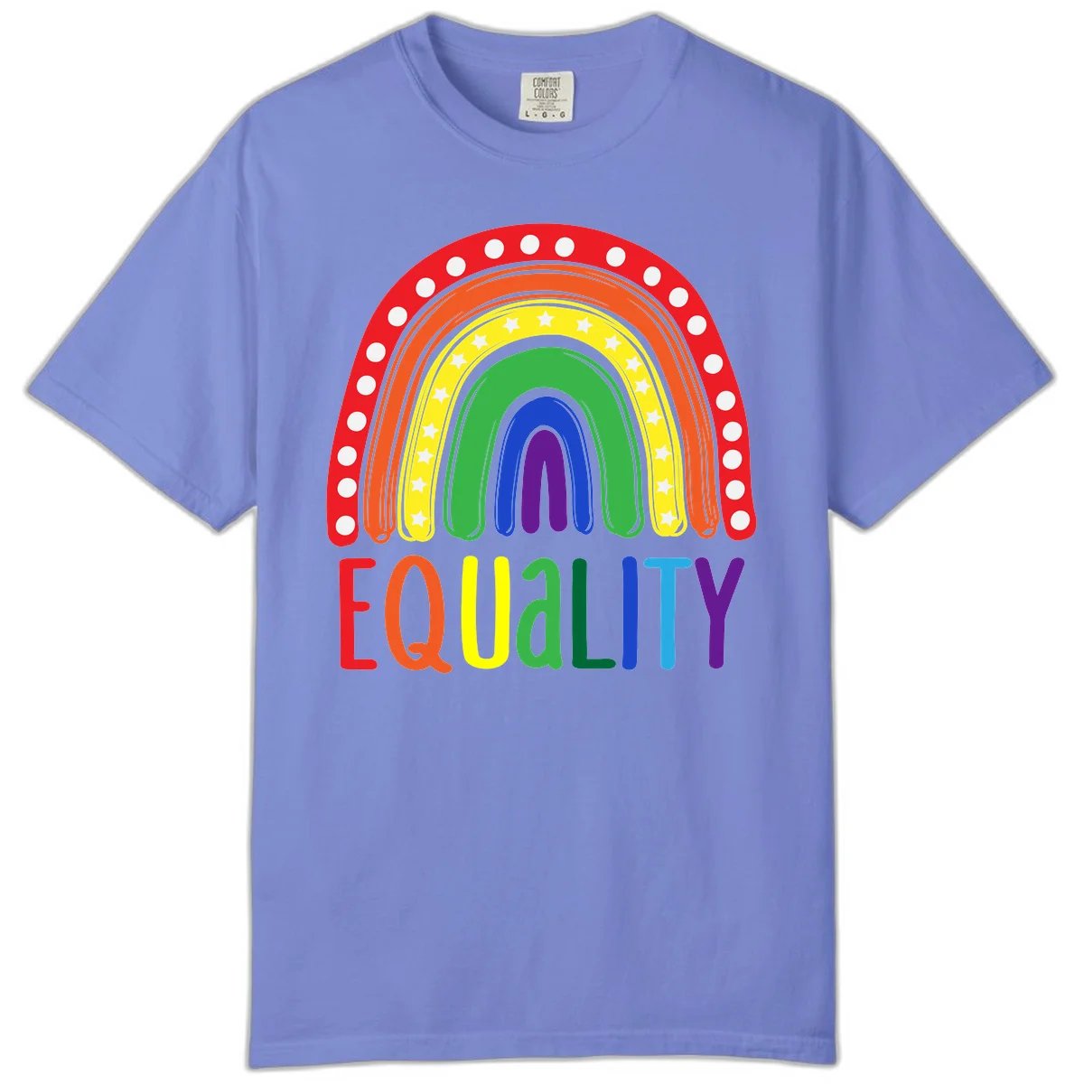 Concentric rainbow arcs in pride colors with white polka dots and stars, featuring 'EQUALITY' text in multicolored letters below in Flo Blue