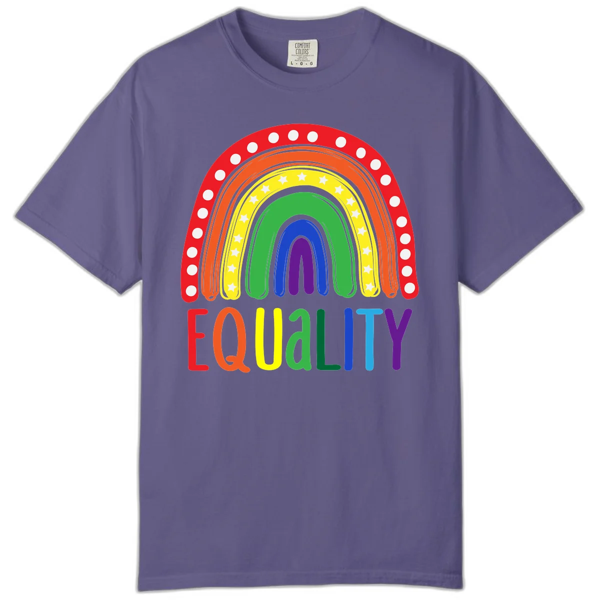 Concentric rainbow arcs in pride colors with white polka dots and stars, featuring 'EQUALITY' text in multicolored letters below in Grape