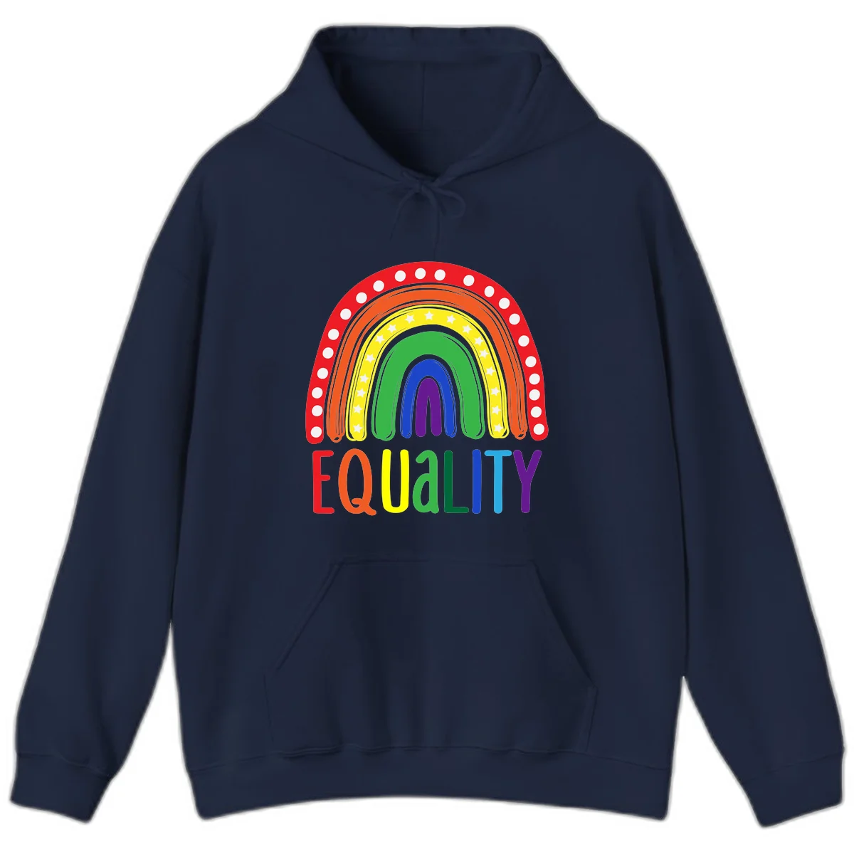 Concentric rainbow arcs in pride colors with white polka dots and stars, featuring 'EQUALITY' text in multicolored letters below in Navy