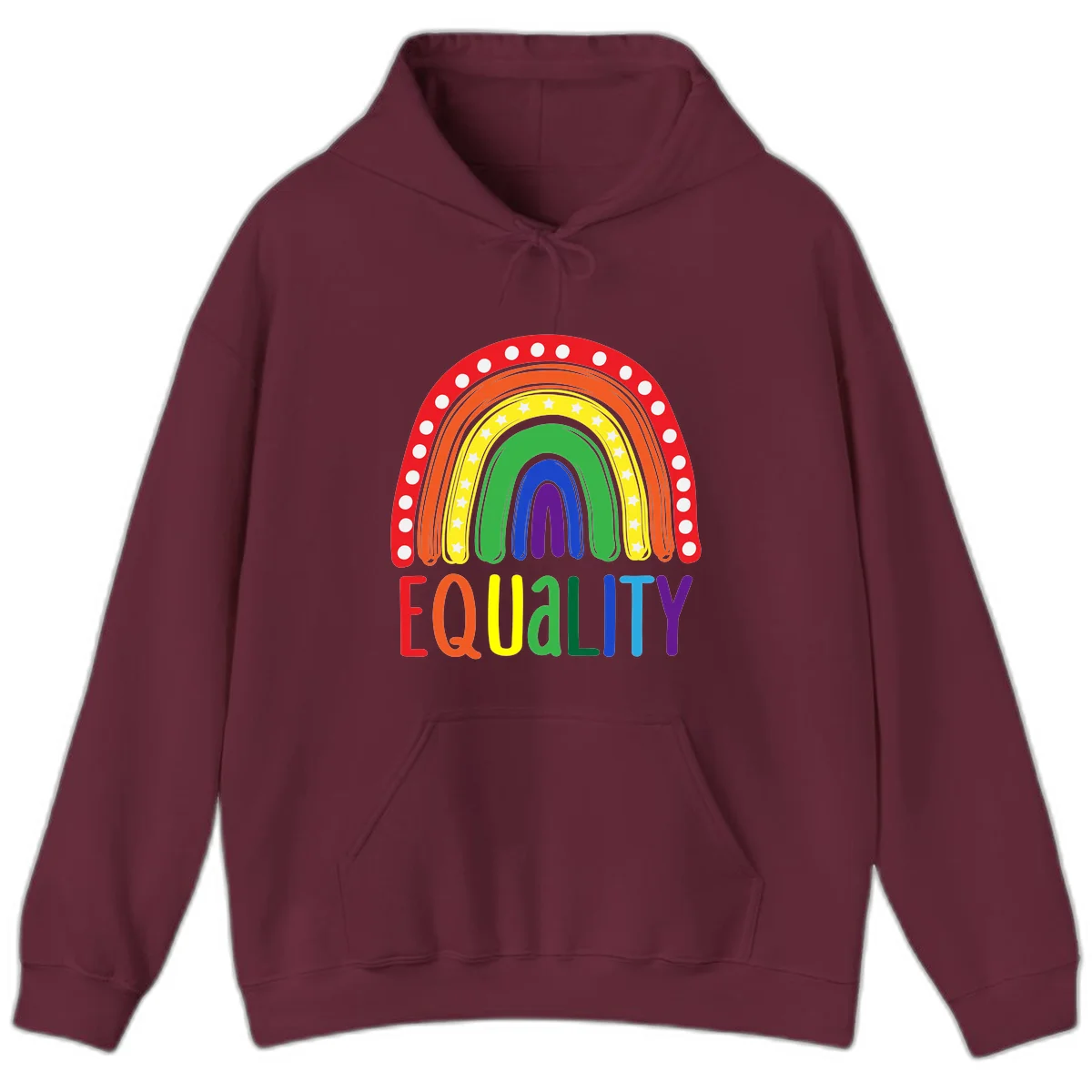Concentric rainbow arcs in pride colors with white polka dots and stars, featuring 'EQUALITY' text in multicolored letters below in Maroon