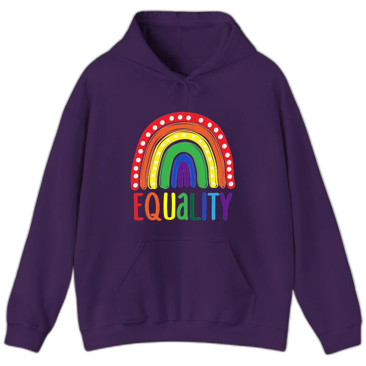 Concentric rainbow arcs in pride colors with white polka dots and stars, featuring 'EQUALITY' text in multicolored letters below in Purple