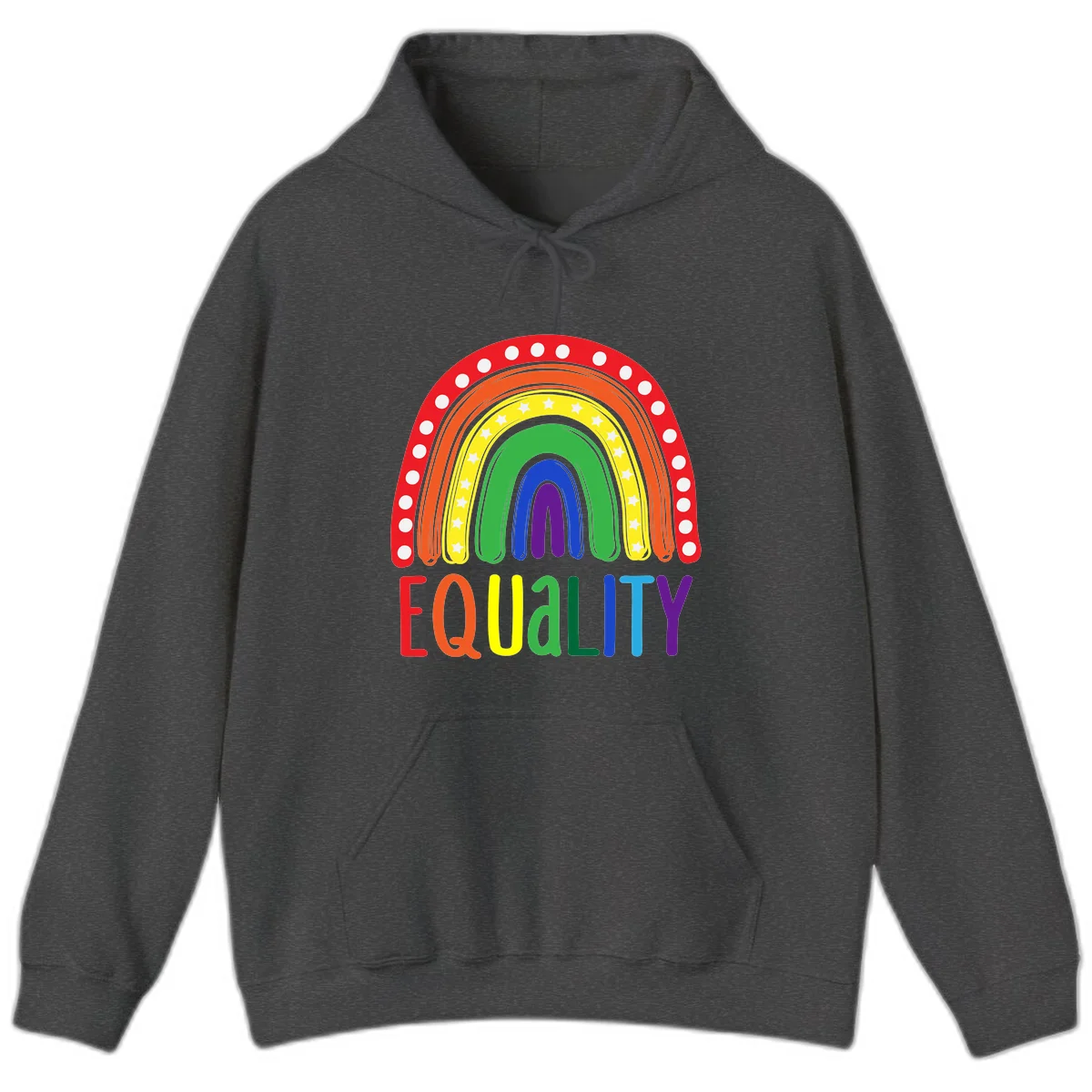 Concentric rainbow arcs in pride colors with white polka dots and stars, featuring 'EQUALITY' text in multicolored letters below in Dark Heather