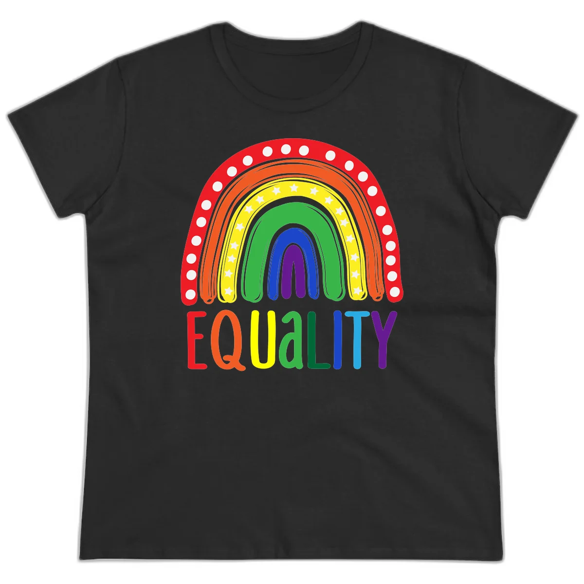 Concentric rainbow arcs in pride colors with white polka dots and stars, featuring 'EQUALITY' text in multicolored letters below in Black